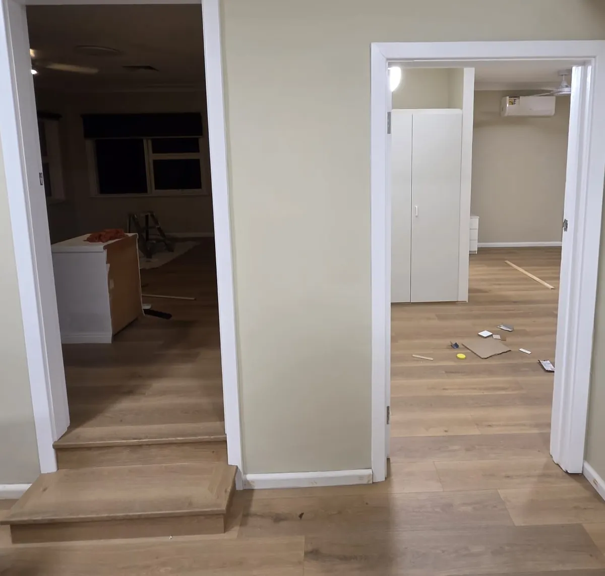 Full renovation after: new doorways, flooring, step and trims