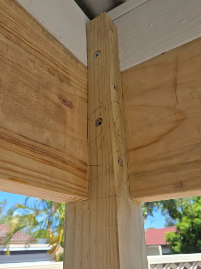 Structural Post Bracing: reinforced post-to-beam connection on a new pergola frame