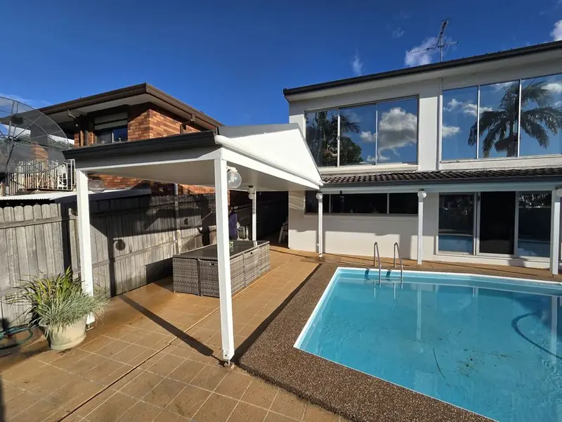 Pergola Rebuild, Pool View: rebuilt and repainted pergola viewed from above, pool entertaining area